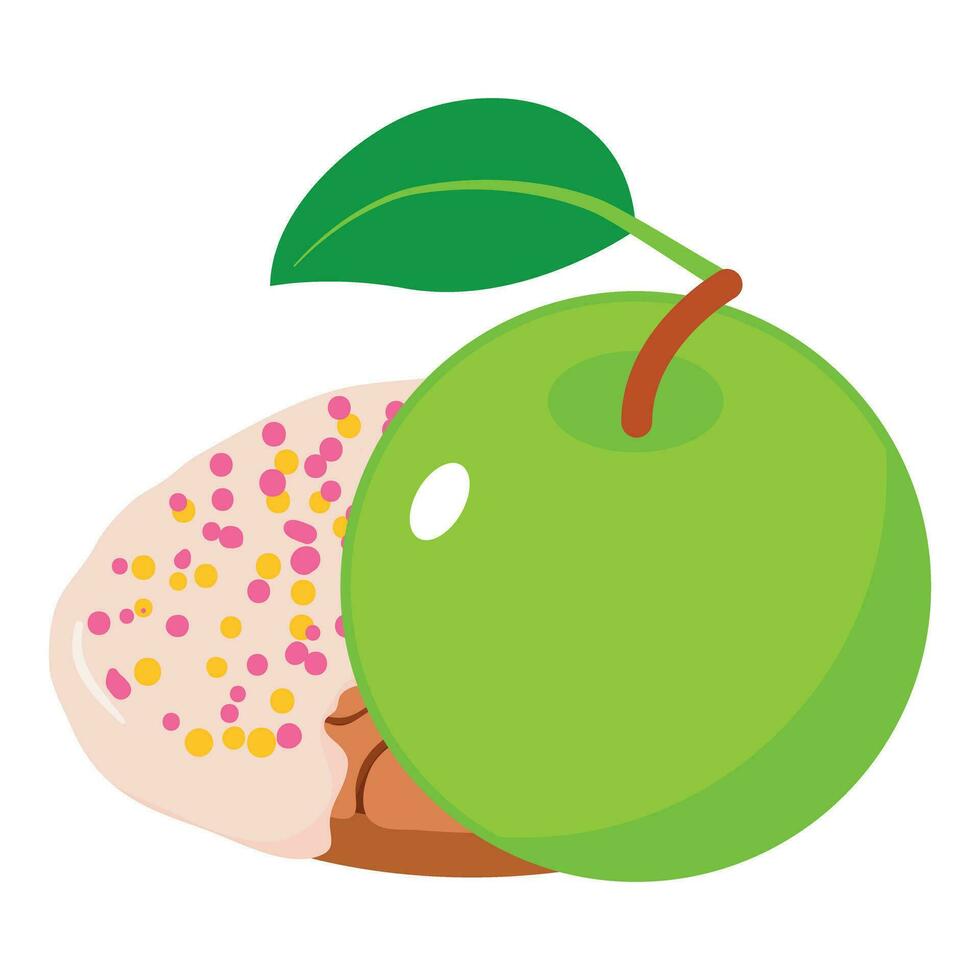 Apple dessert icon isometric vector. Cookie with glaze near green fresh apple vector