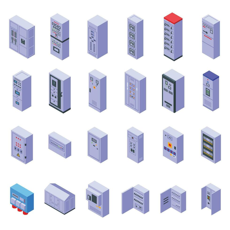 Electric switchboard icons set isometric vector. Work engineer vector