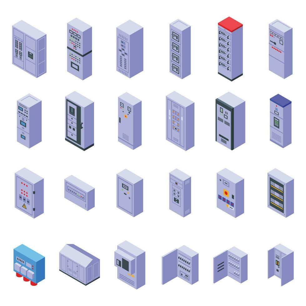 eléctrico tablero de conmutadores íconos conjunto isométrica vector. trabajo ingeniero vector