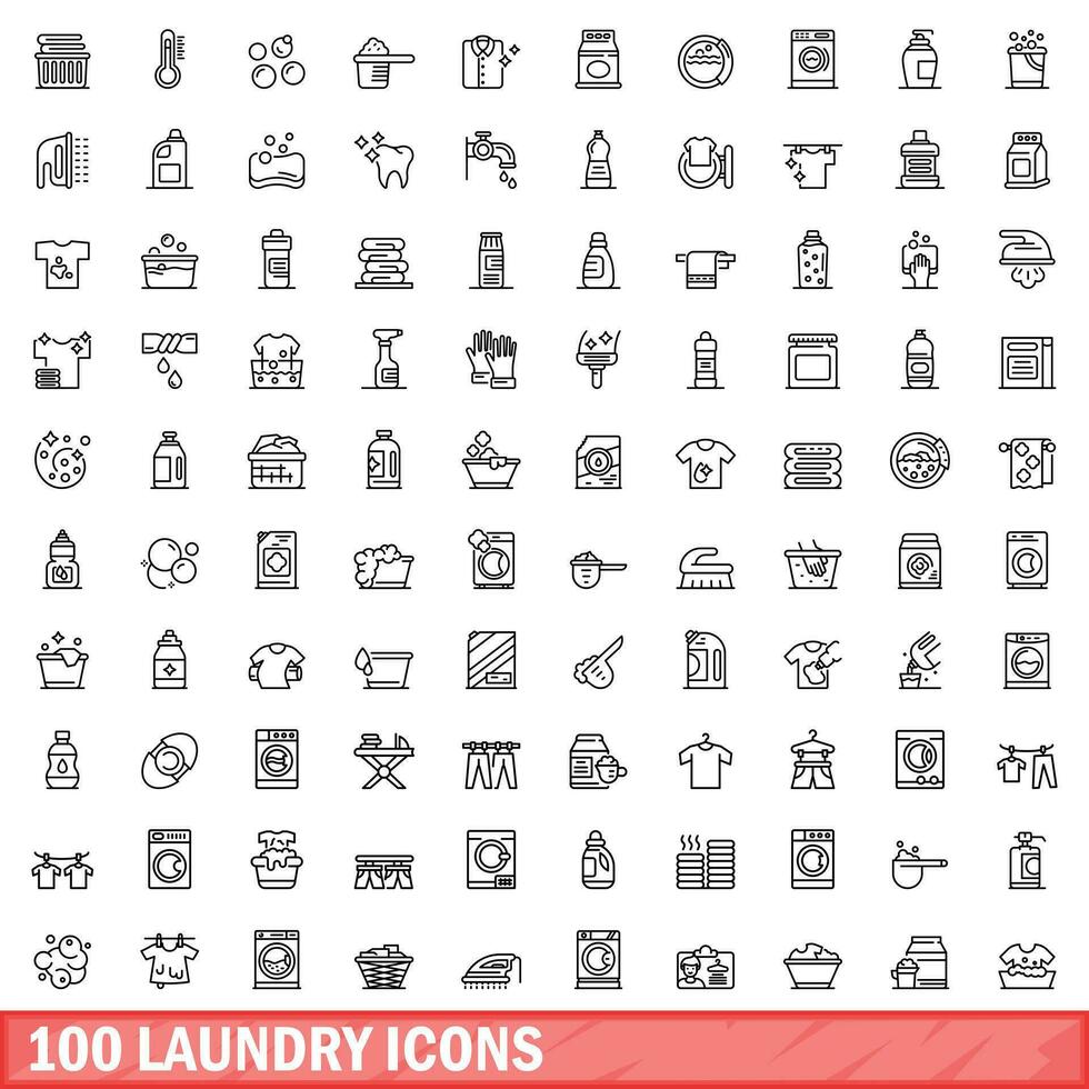 100 laundry icons set, outline style vector