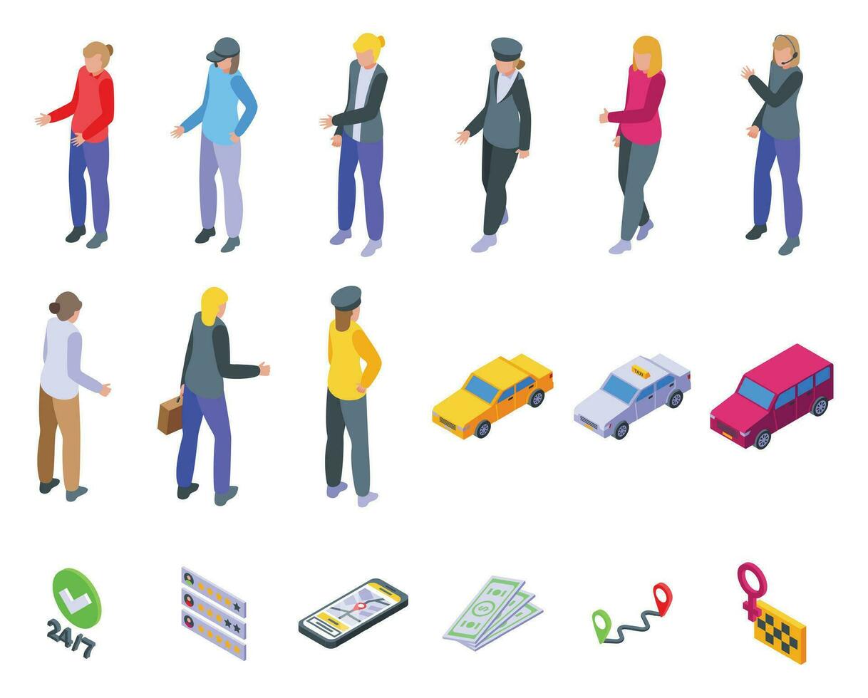 Taxi driver woman icons set isometric vector. Business city vector