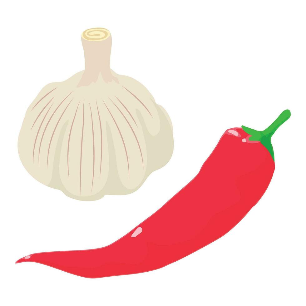 Spicy food icon isometric vector. Head of fresh garlic near red hot pepper icon vector