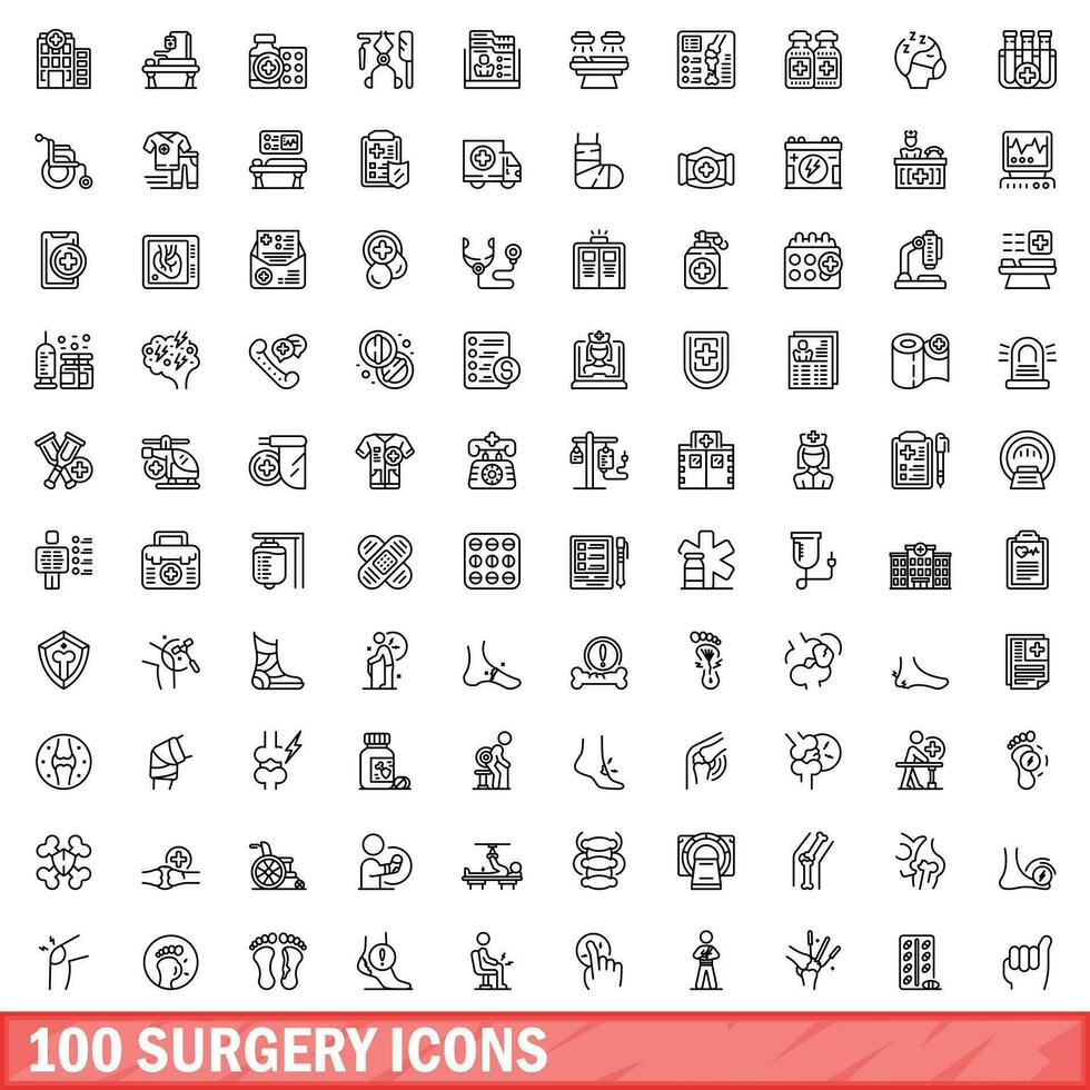 100 conjunto de iconos de cirugía, estilo de esquema vector