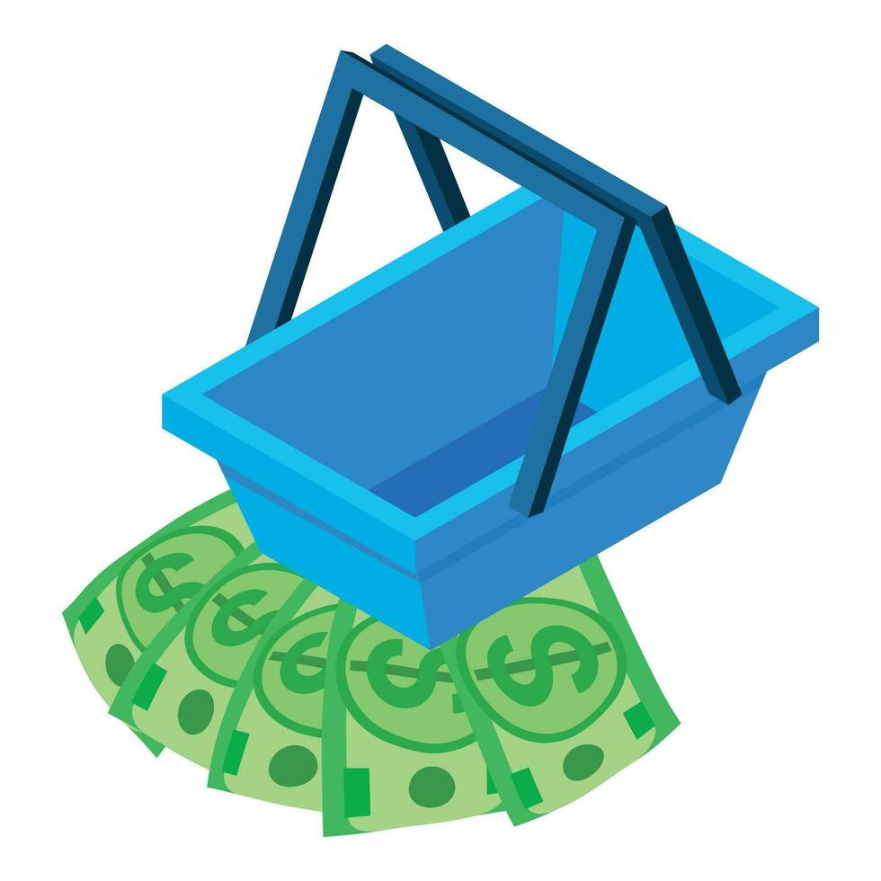 Purchase concept icon isometric vector. Dollar bill and empty shopping basket vector