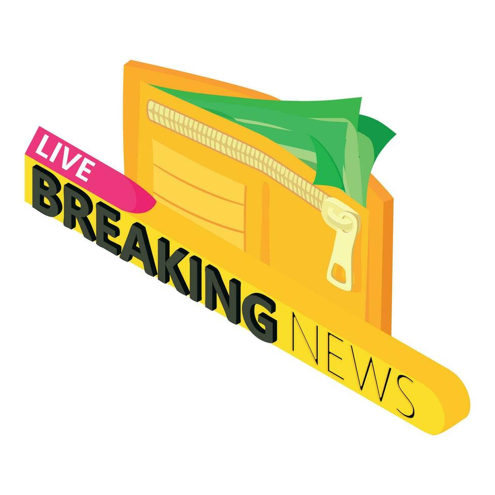 Online news icon isometric vector. Live breaking news lettering and cash wallet vector