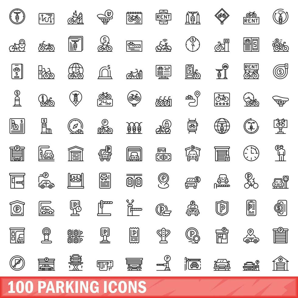 100 parking icons set, outline style vector