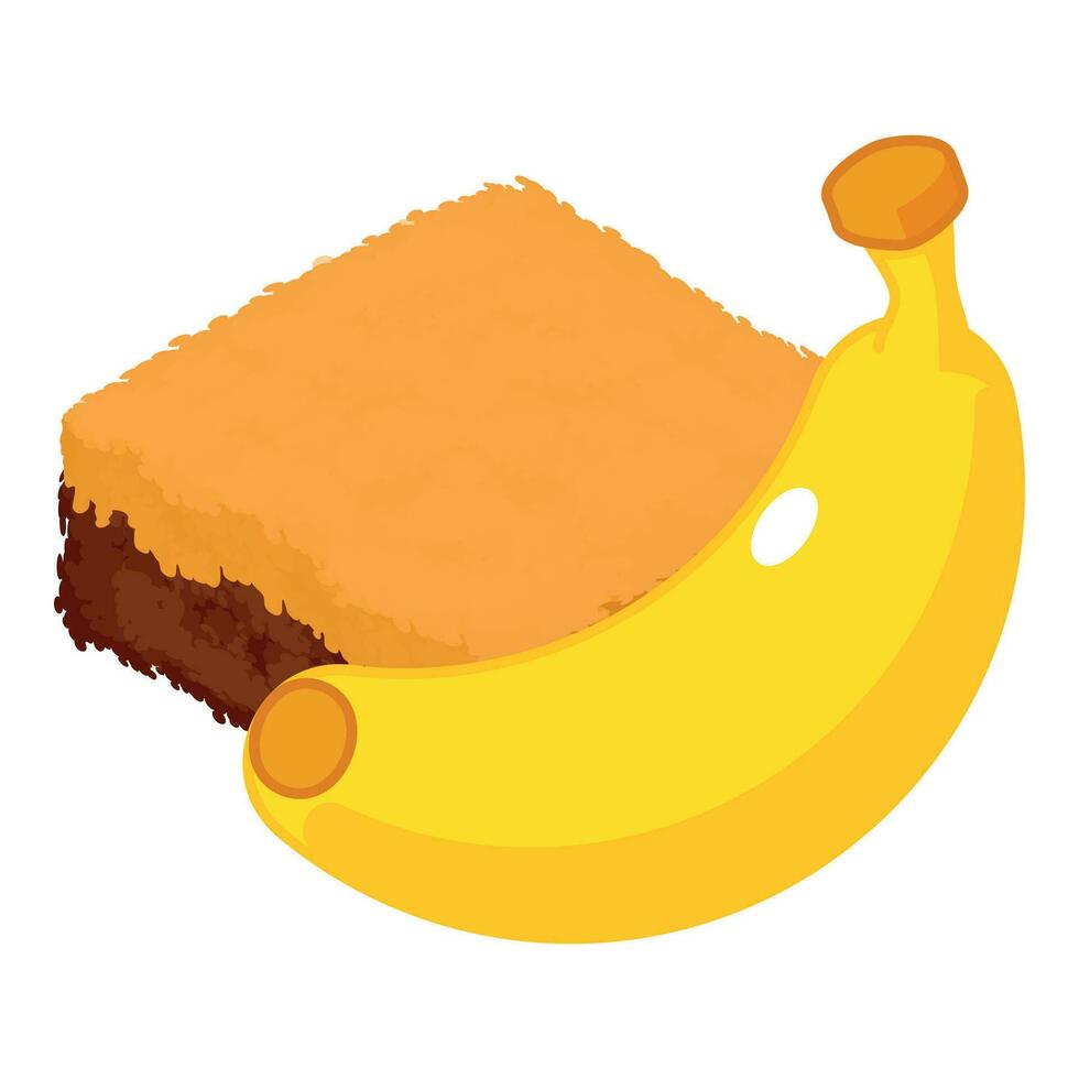 Banana dessert icon isometric vector. Two tone cake piece near fresh ripe banana vector