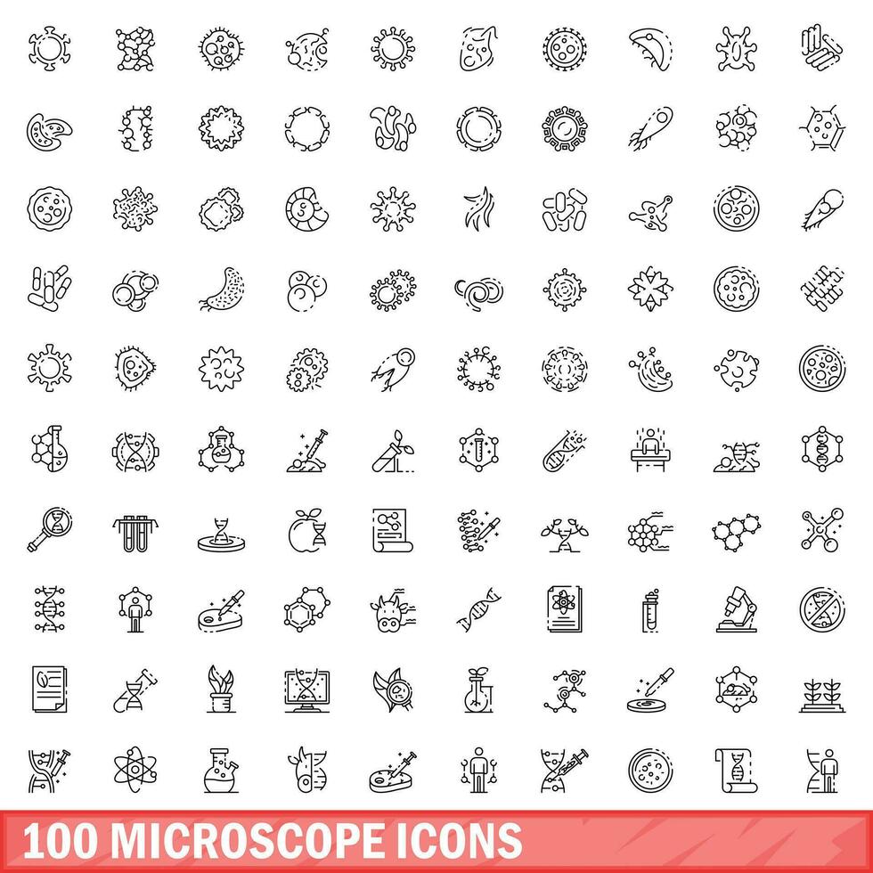 100 microscope icons set, outline style vector