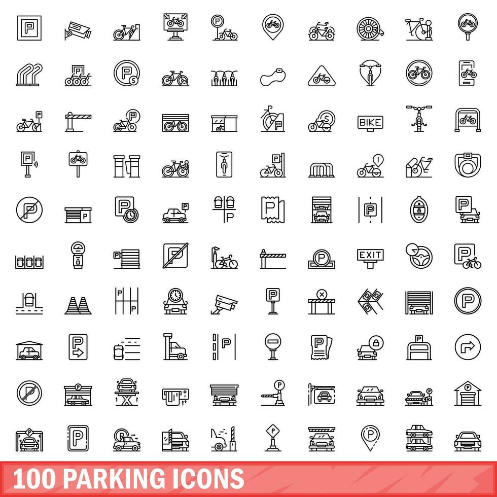 100 parking icons set, outline style vector