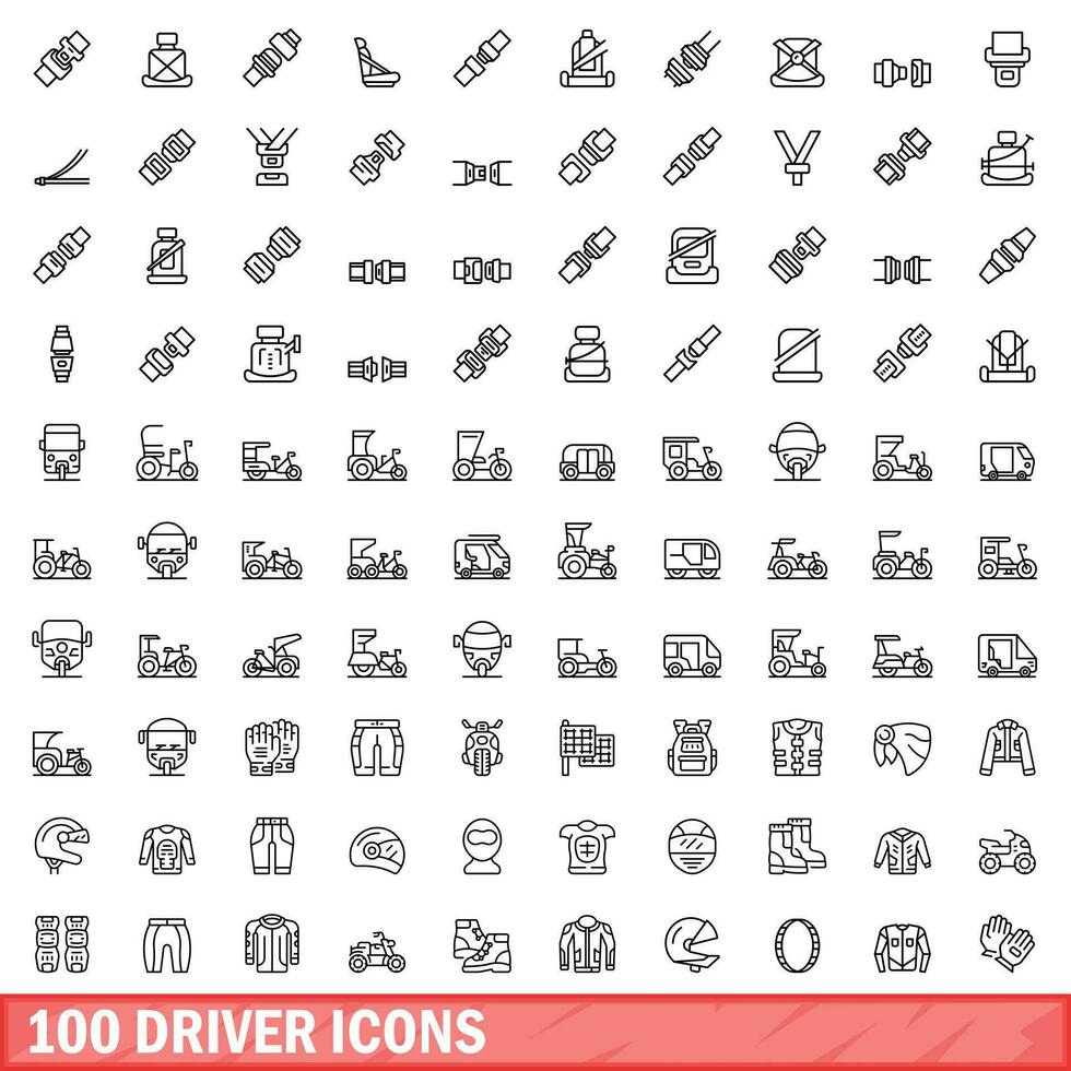 100 driver icons set, outline style vector