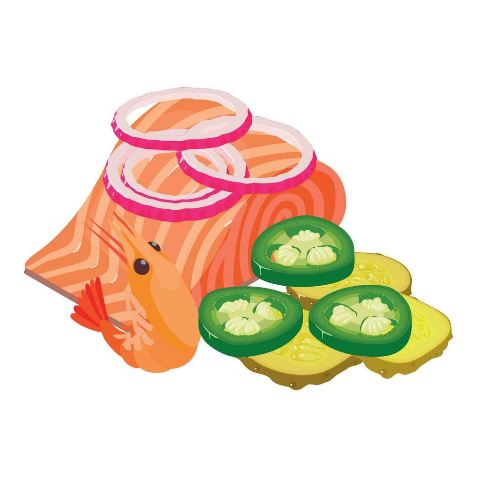 Sea food icon isometric vector. Piece of red fish near shrimp and vegetable icon vector