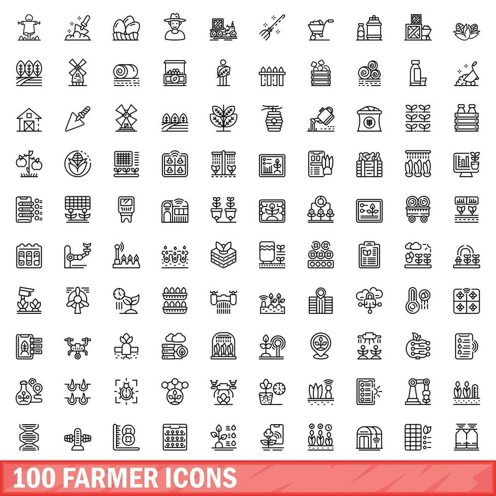 100 farmer icons set, outline style vector