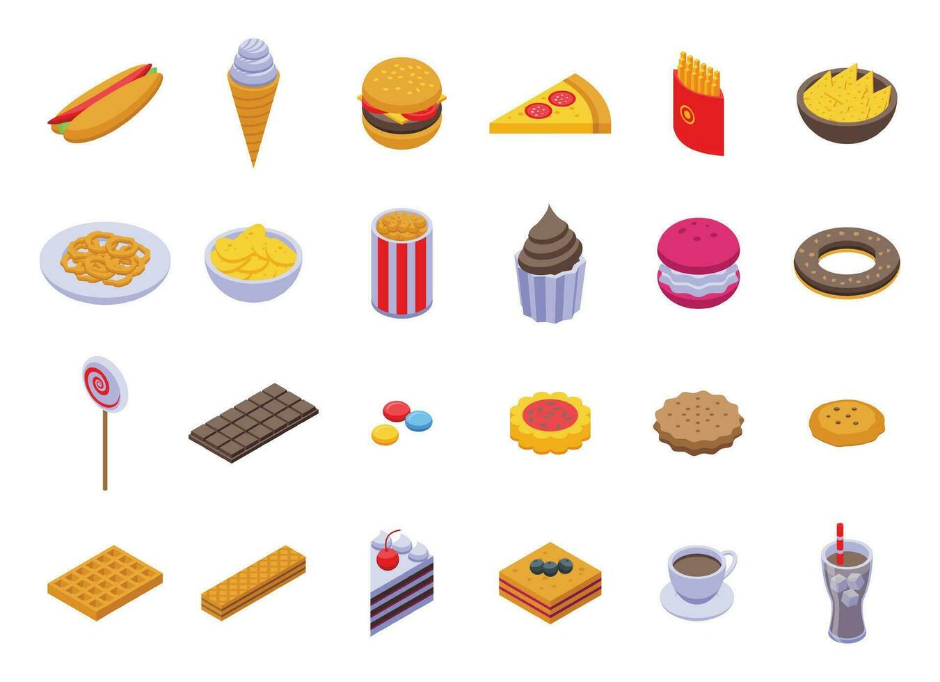 Food junk icons set isometric vector. Fast snack vector