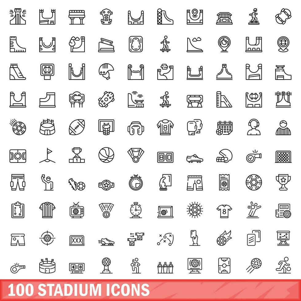 100 stadium icons set, outline style vector
