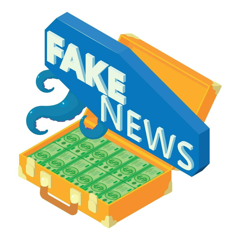 Fake news icon isometric vector. Fake news lettering on open money suitcase icon vector