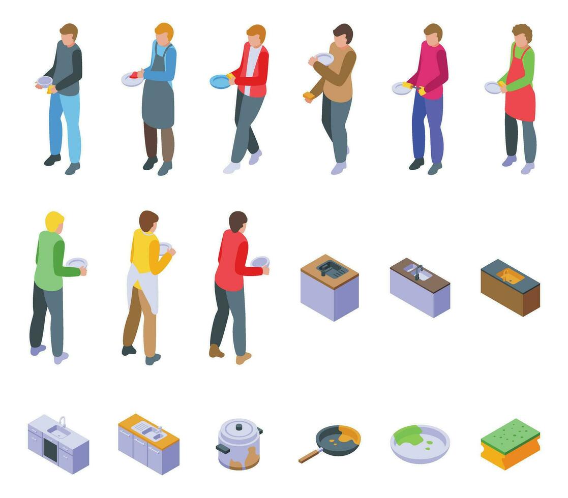 Man washing dishes icons set isometric vector. Home cleanup vector