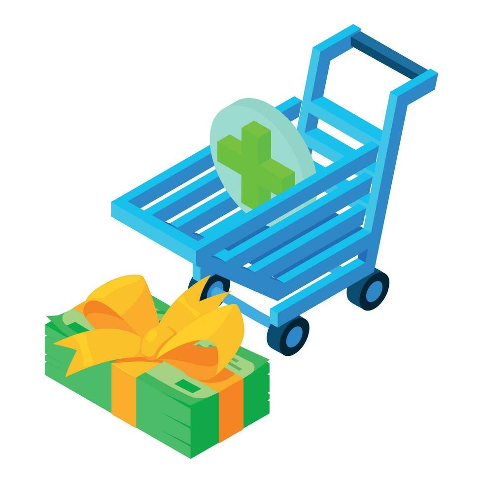 Offline shopping icon isometric vector. Dollar banknote stack and shop cart icon vector