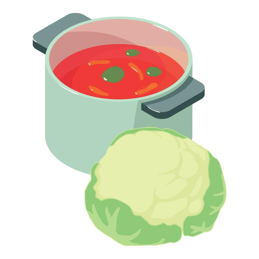 First dish icon isometric vector. Vegetable red soup and cauliflower head icon vector