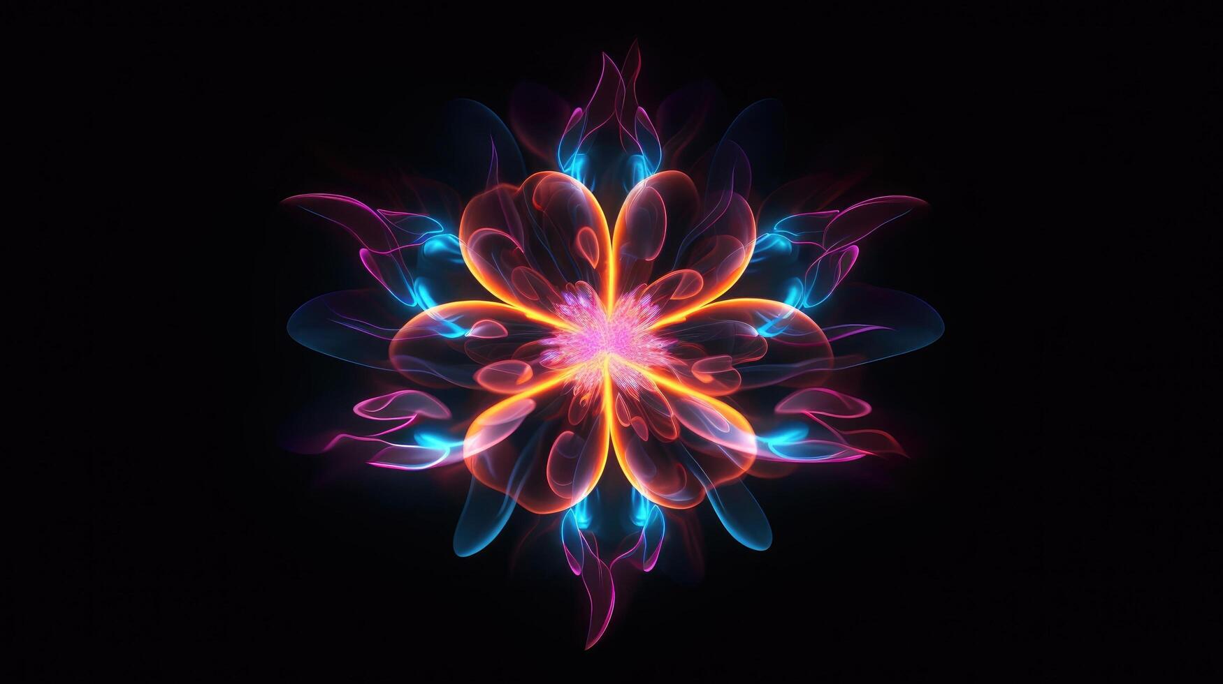 Multicolor neon light drawing, abstract shape flowers isolated on black background. Glowing line art. The Illumination of vibrant radiance of neon flower, illustration photo