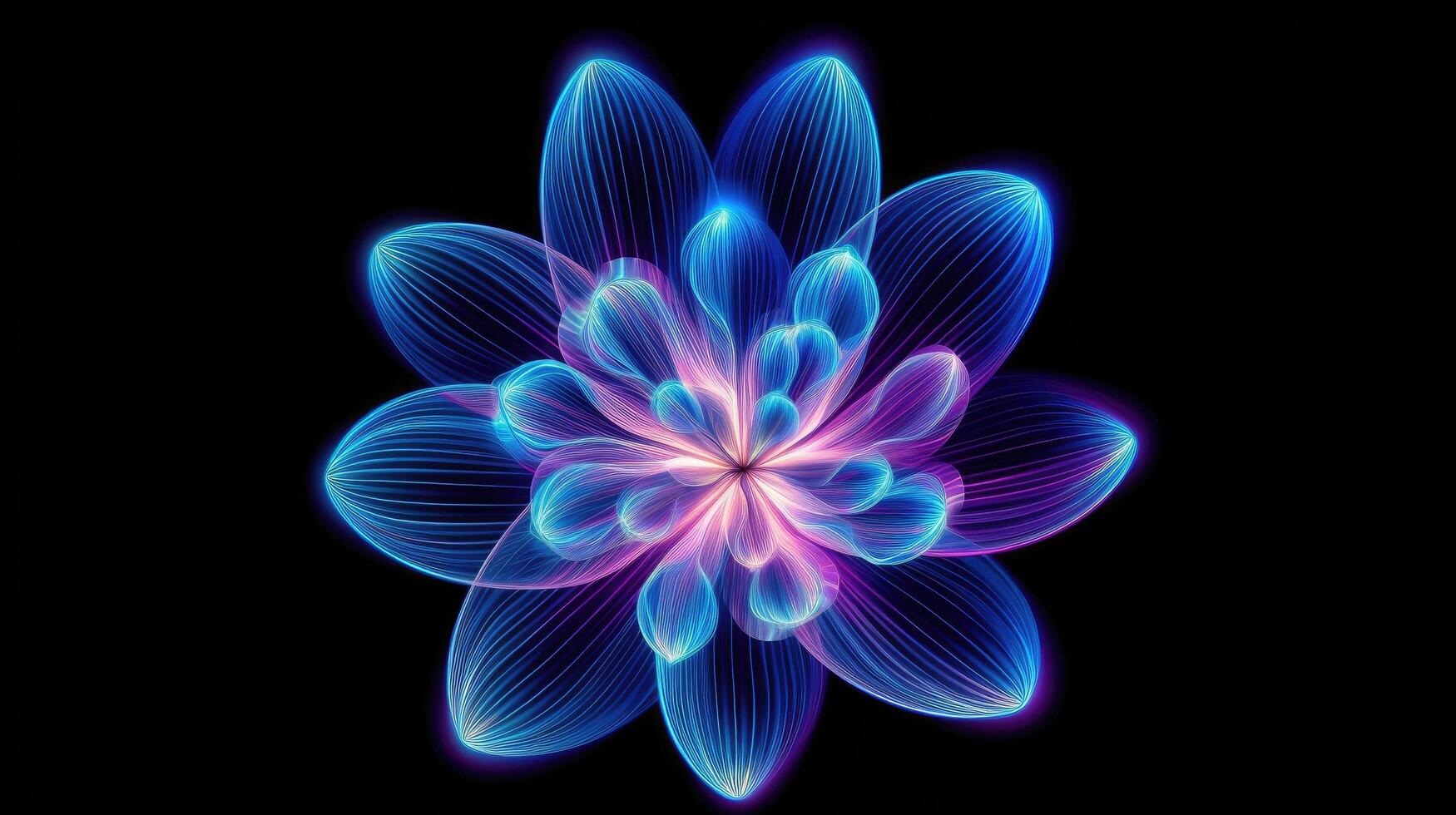 Multicolor neon light drawing, abstract shape flowers isolated on black background. Glowing line art. The Illumination of vibrant radiance of neon flower, Generative AI illustration photo