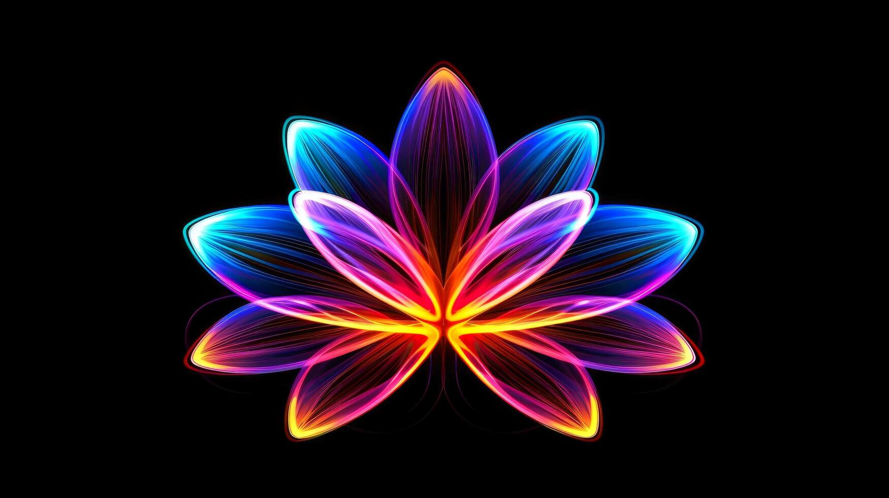 Multicolor neon light drawing, abstract shape flowers isolated on black background. Glowing line art. The Illumination of vibrant radiance of neon flower, illustration photo