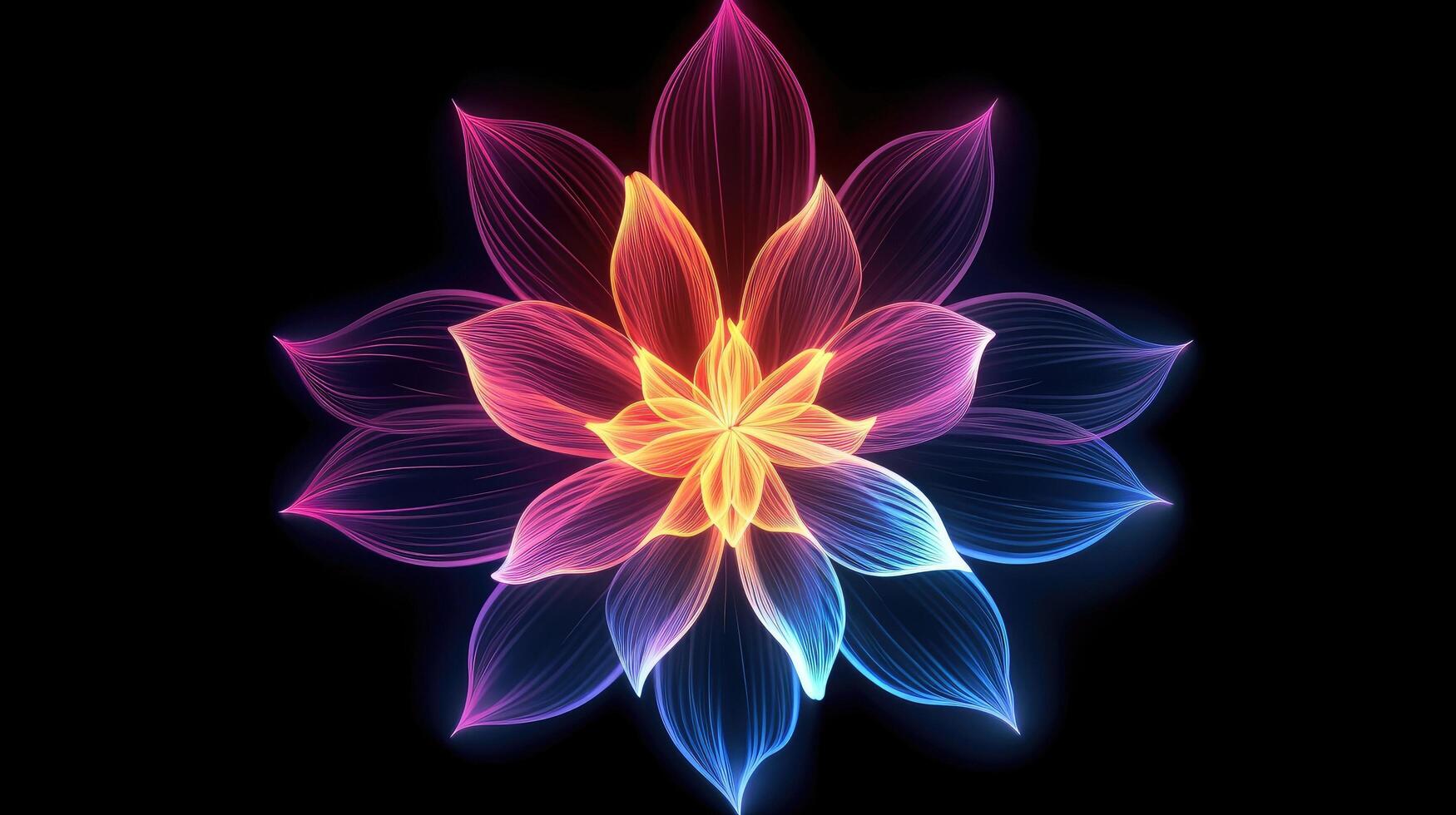 Multicolor neon light drawing, abstract shape flowers isolated on black background. Glowing line art. The Illumination of vibrant radiance of neon flower, illustration photo