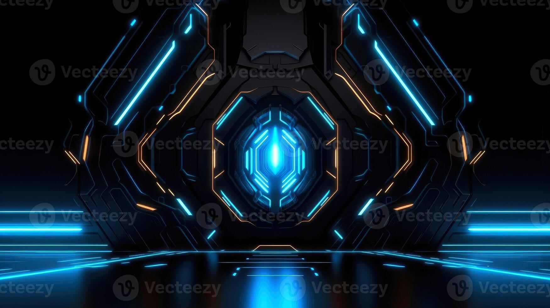 Abstract futuristic background with modern shape. sci fi neon glowing lamps in a dark corridor. Reflections on the floor and walls. Techology futuristic background, illustration photo