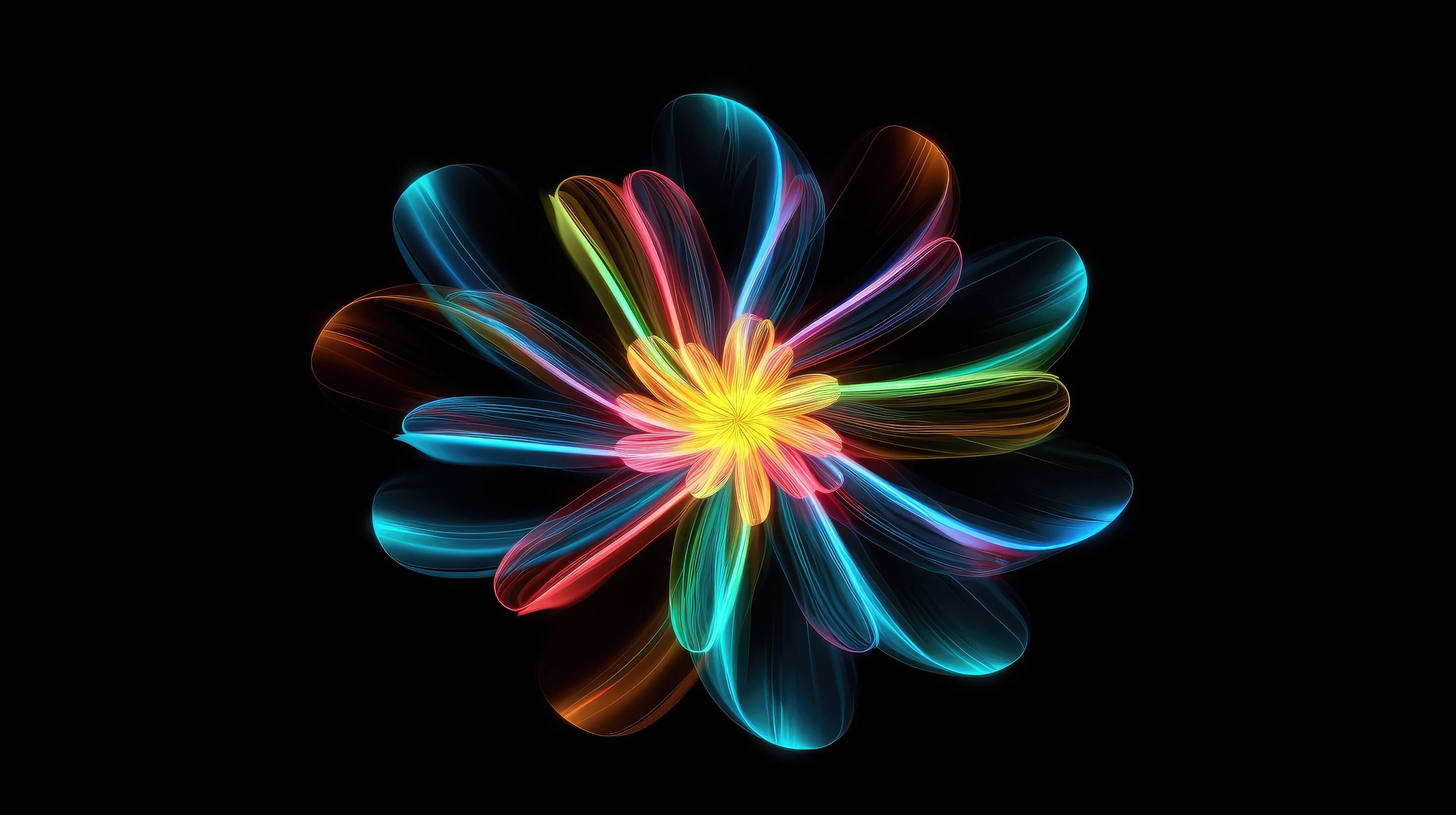 Multicolor neon light drawing, abstract shape flowers isolated on black background. Glowing line