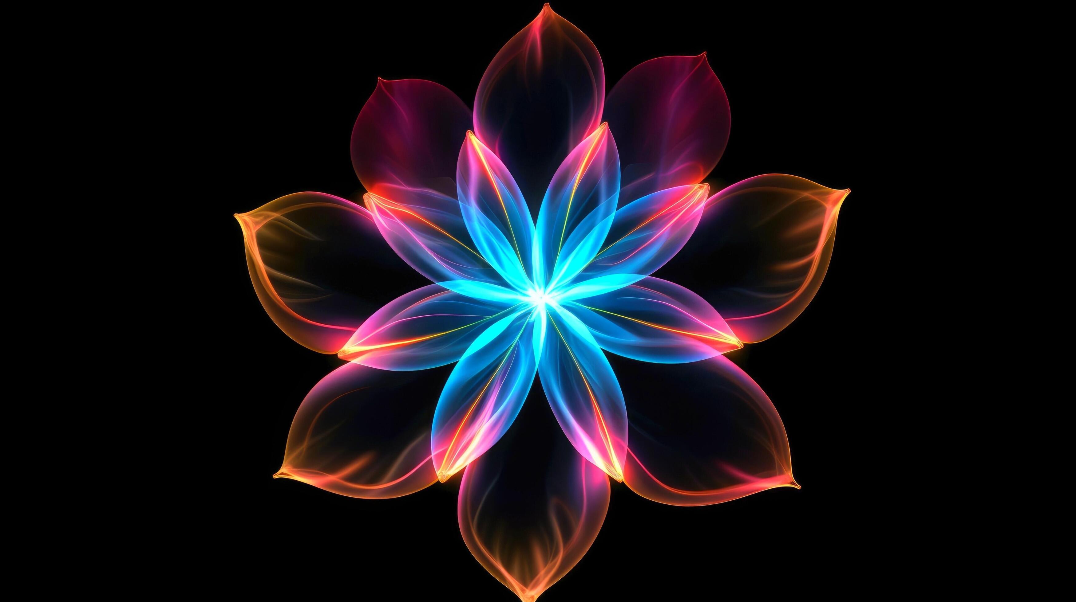 Multicolor neon light drawing, abstract shape flowers isolated on black