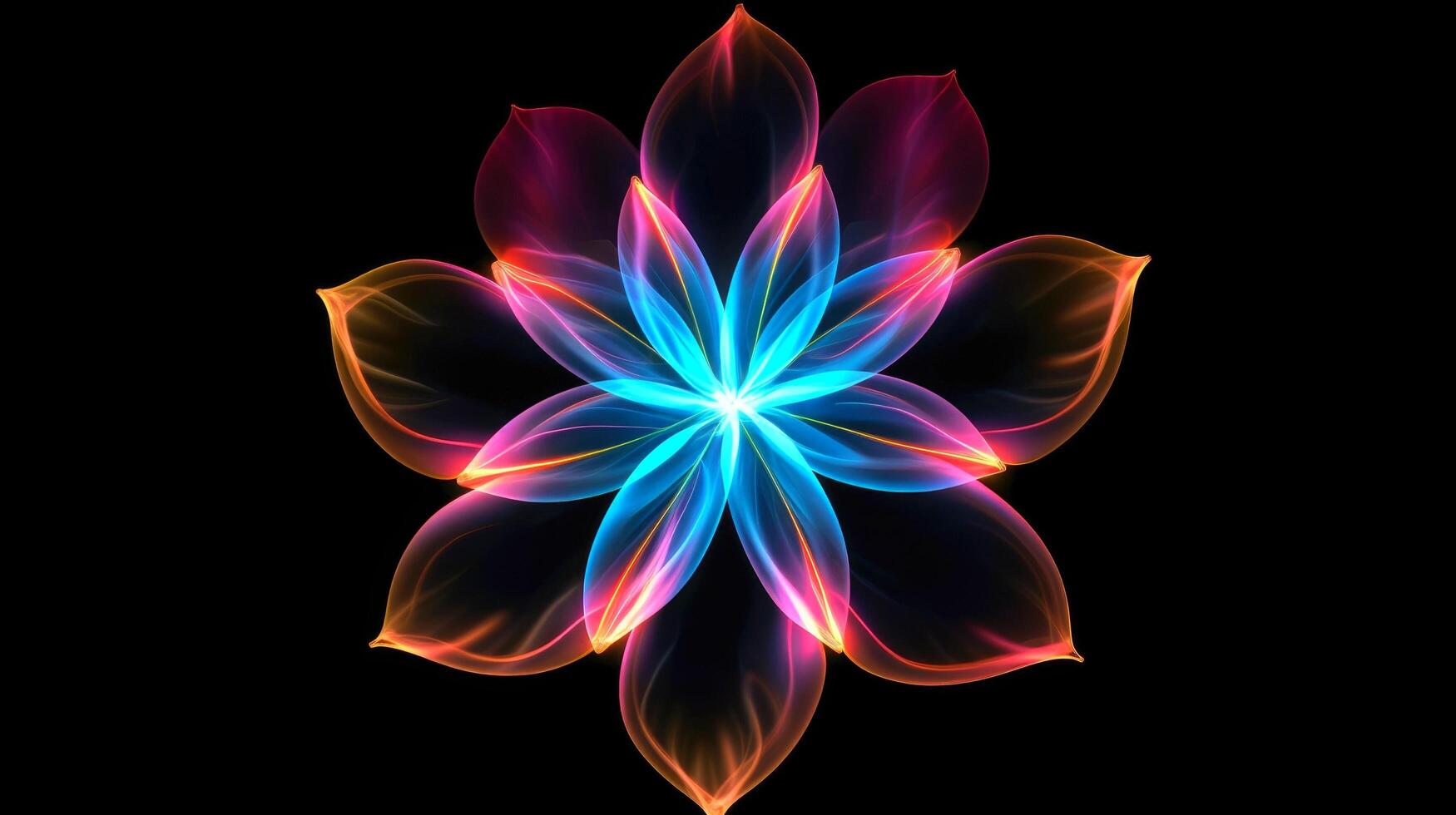 Multicolor neon light drawing, abstract shape flowers isolated on black background. Glowing line art. The Illumination of vibrant radiance of neon flower, Generative AI illustration photo