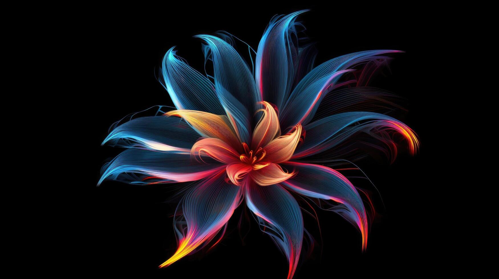 Multicolor neon light drawing, abstract shape flowers isolated on black background. Glowing line art. The Illumination of vibrant radiance of neon flower, illustration photo