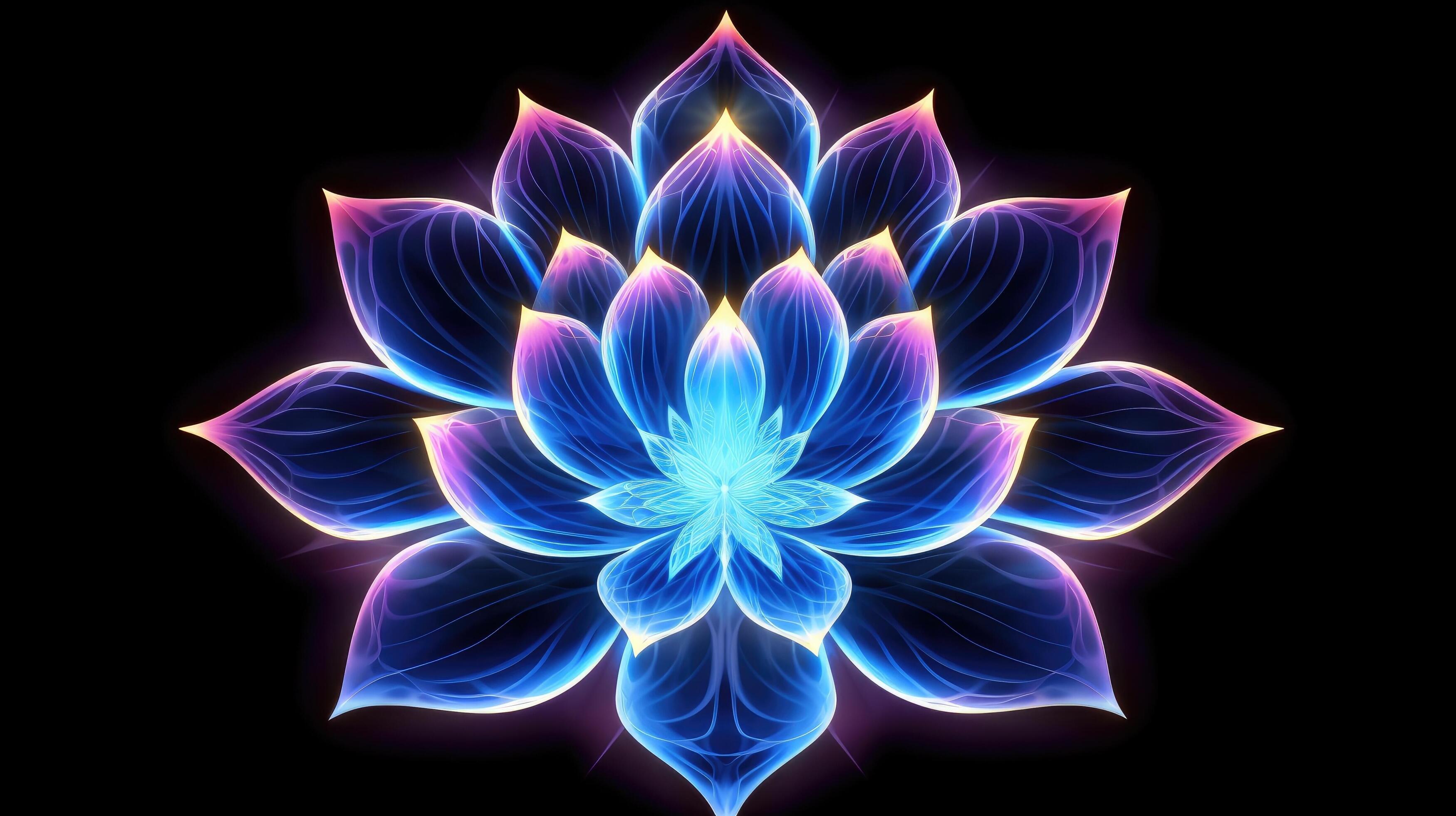 Multicolor neon light drawing, abstract shape flowers isolated on black