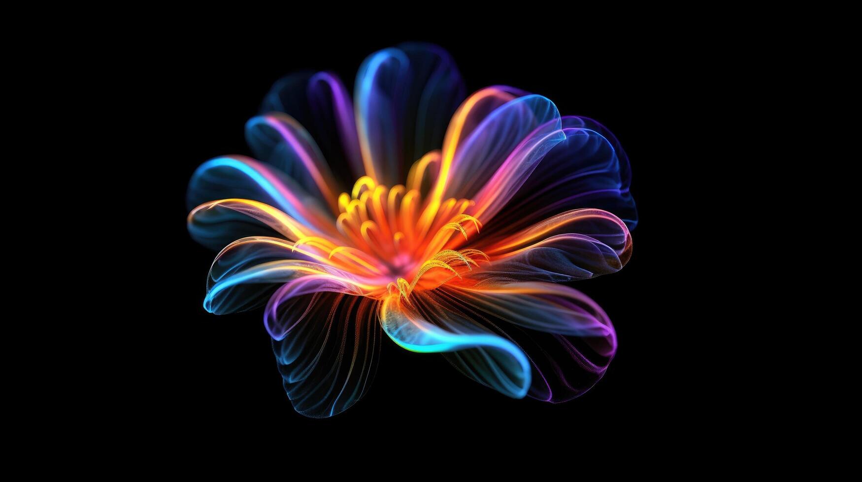 Multicolor neon light drawing, abstract shape flowers isolated on black background. Glowing line art. The Illumination of vibrant radiance of neon flower, Generative AI illustration photo