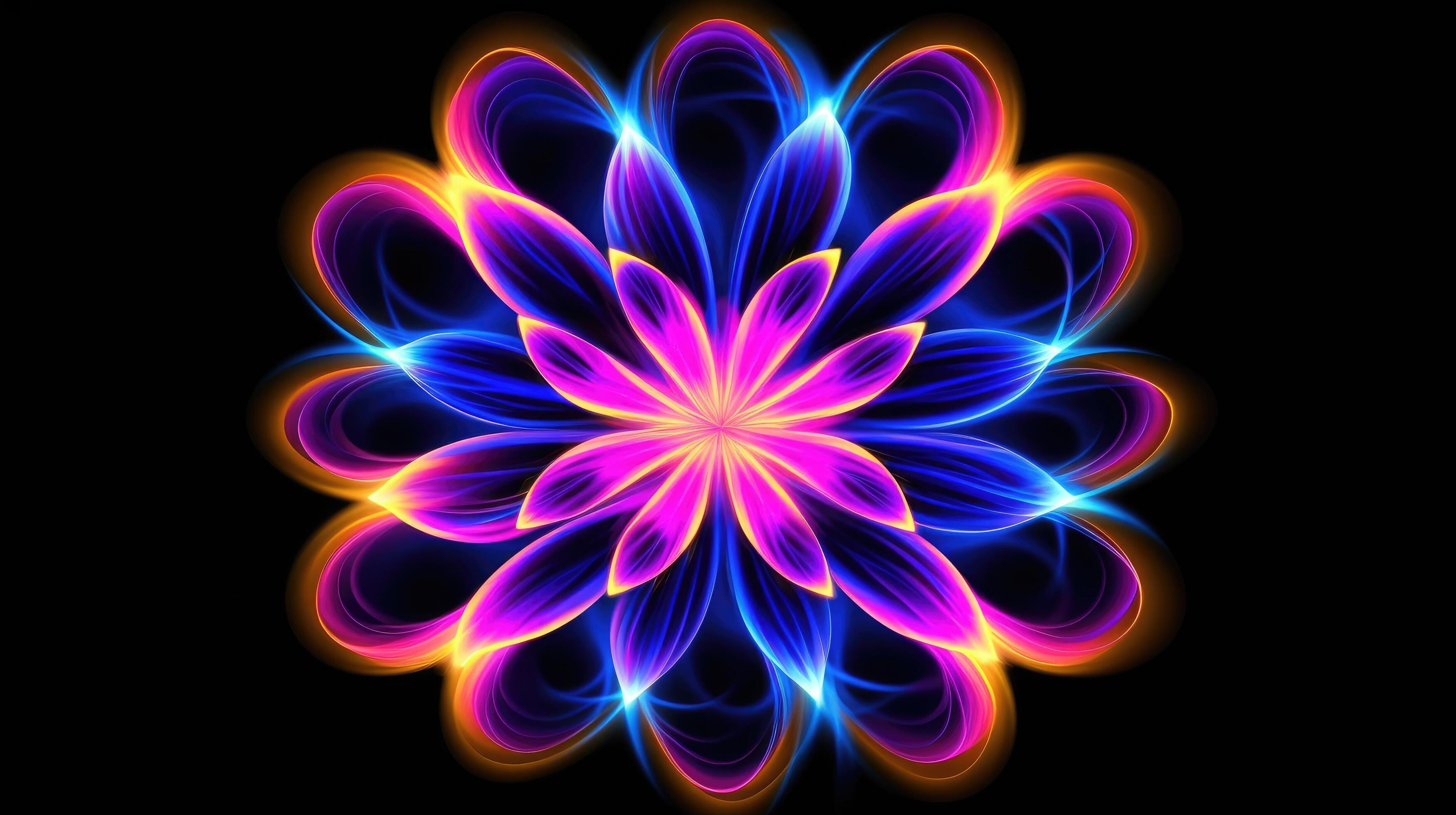 Multicolor neon light drawing, abstract shape flowers isolated on black background. Glowing line