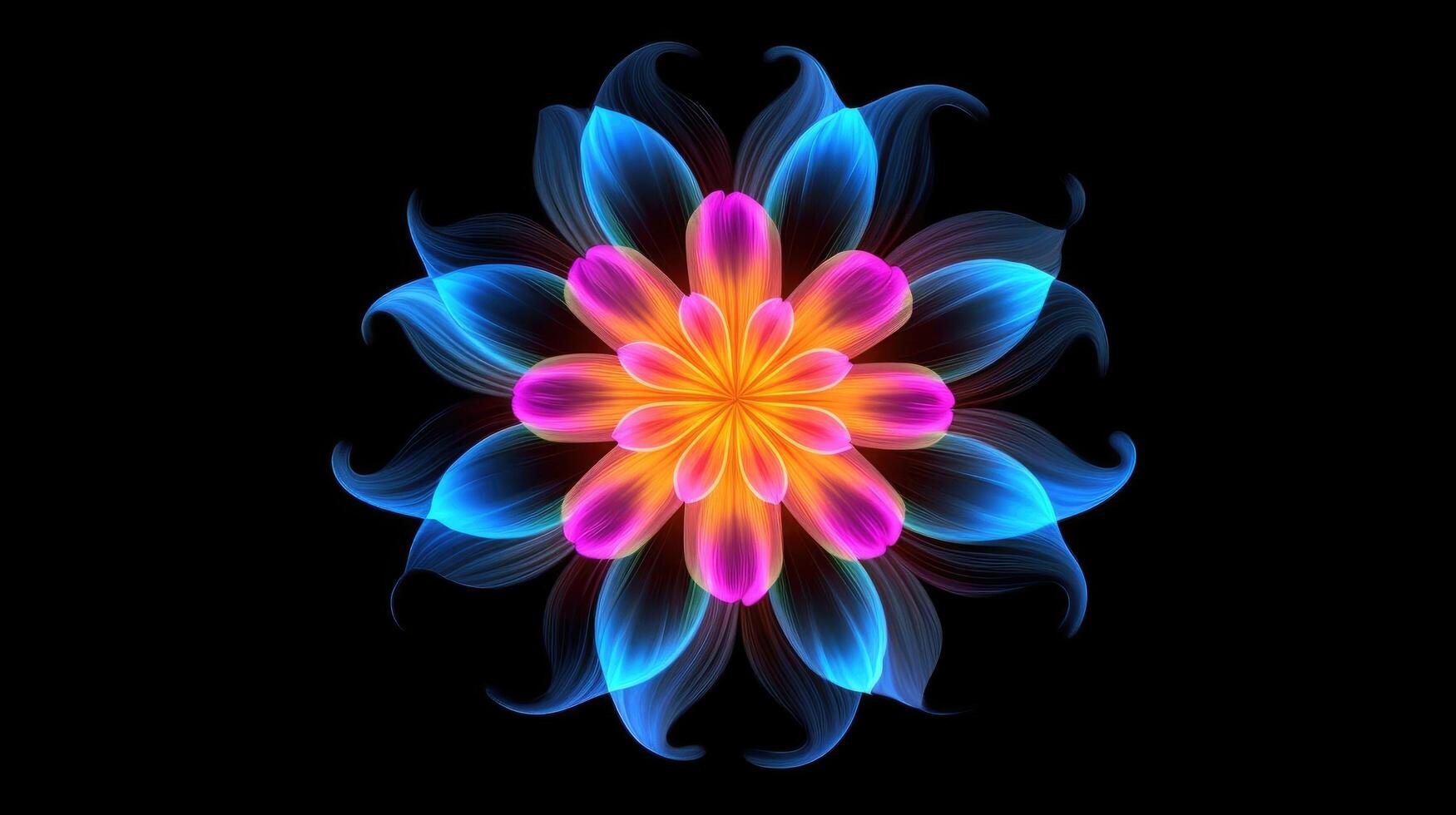 Multicolor neon light drawing, abstract shape flowers isolated on black background. Glowing line art. The Illumination of vibrant radiance of neon flower, illustration photo