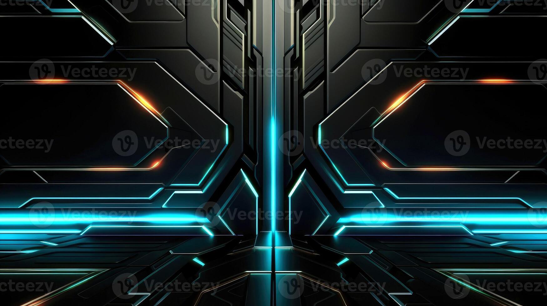 Abstract futuristic background with modern shape. sci fi neon glowing lamps in a dark corridor. Reflections on the floor and walls. Techology futuristic background, illustration photo