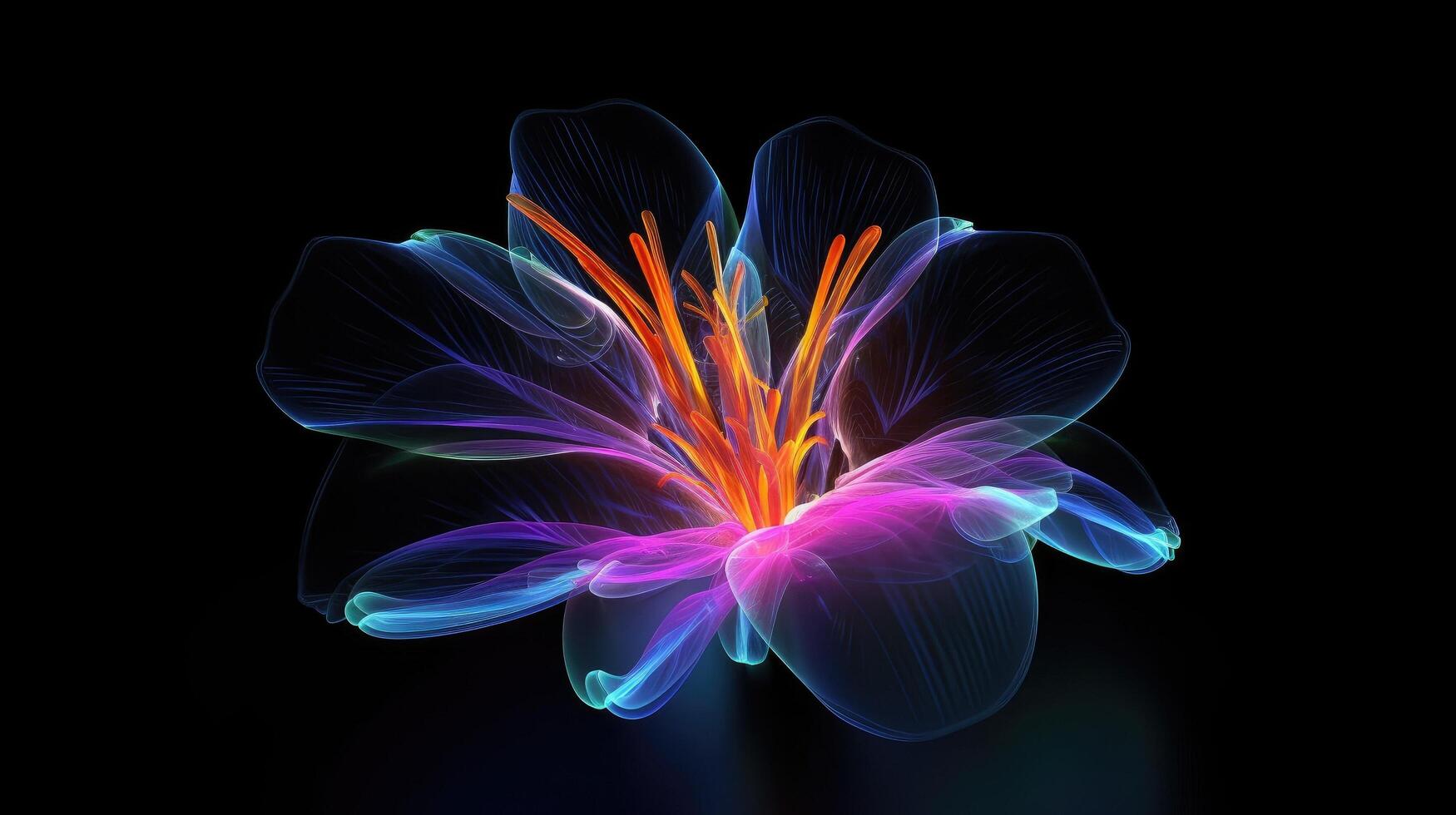 Multicolor neon light drawing, abstract shape flowers isolated on black background. Glowing line art. The Illumination of vibrant radiance of neon flower, illustration photo