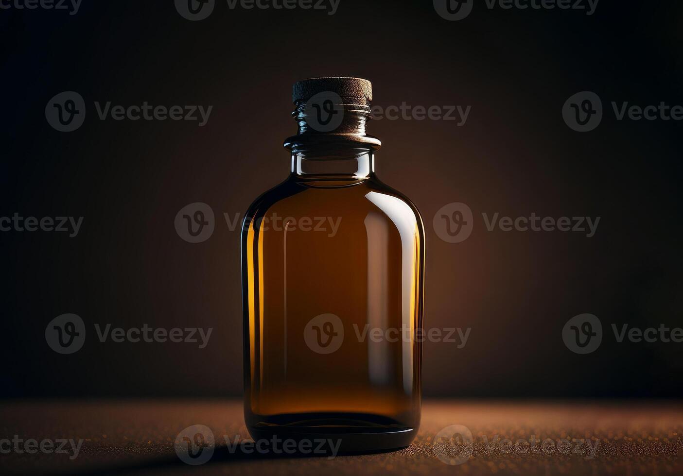 Brown bottle of oil on dark background. photo