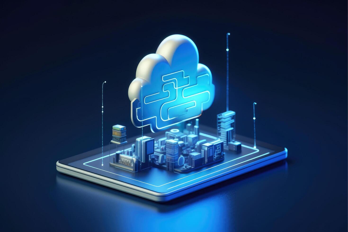 Cloud storage for downloading. digital service or application with data transmission. Network computing technologies. Futuristic Server. Digital space. Data storage, Generative AI illustration photo