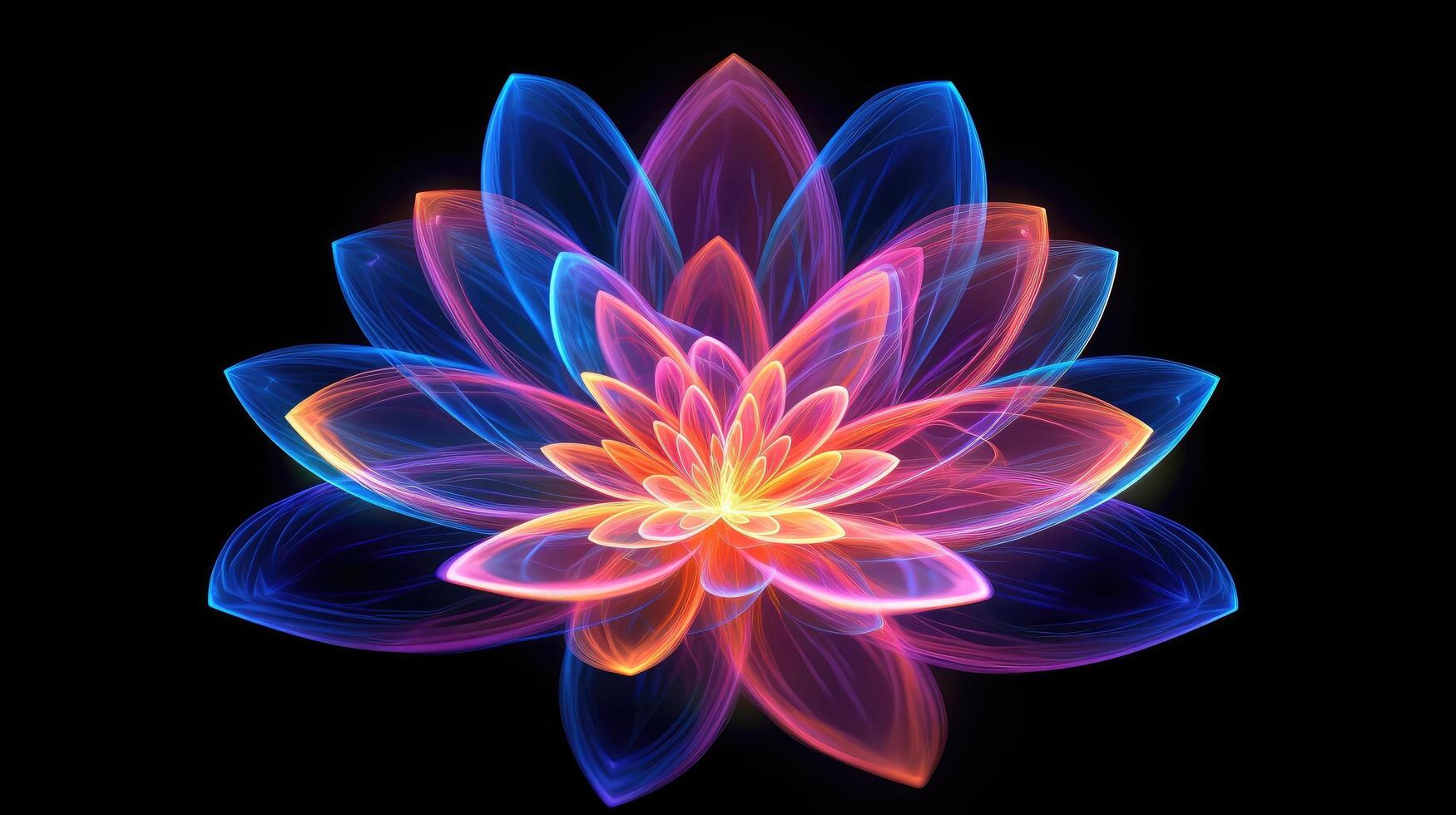 Multicolor neon light drawing, abstract shape flowers isolated on black background. Glowing line art. The Illumination of vibrant radiance of neon flower, illustration photo