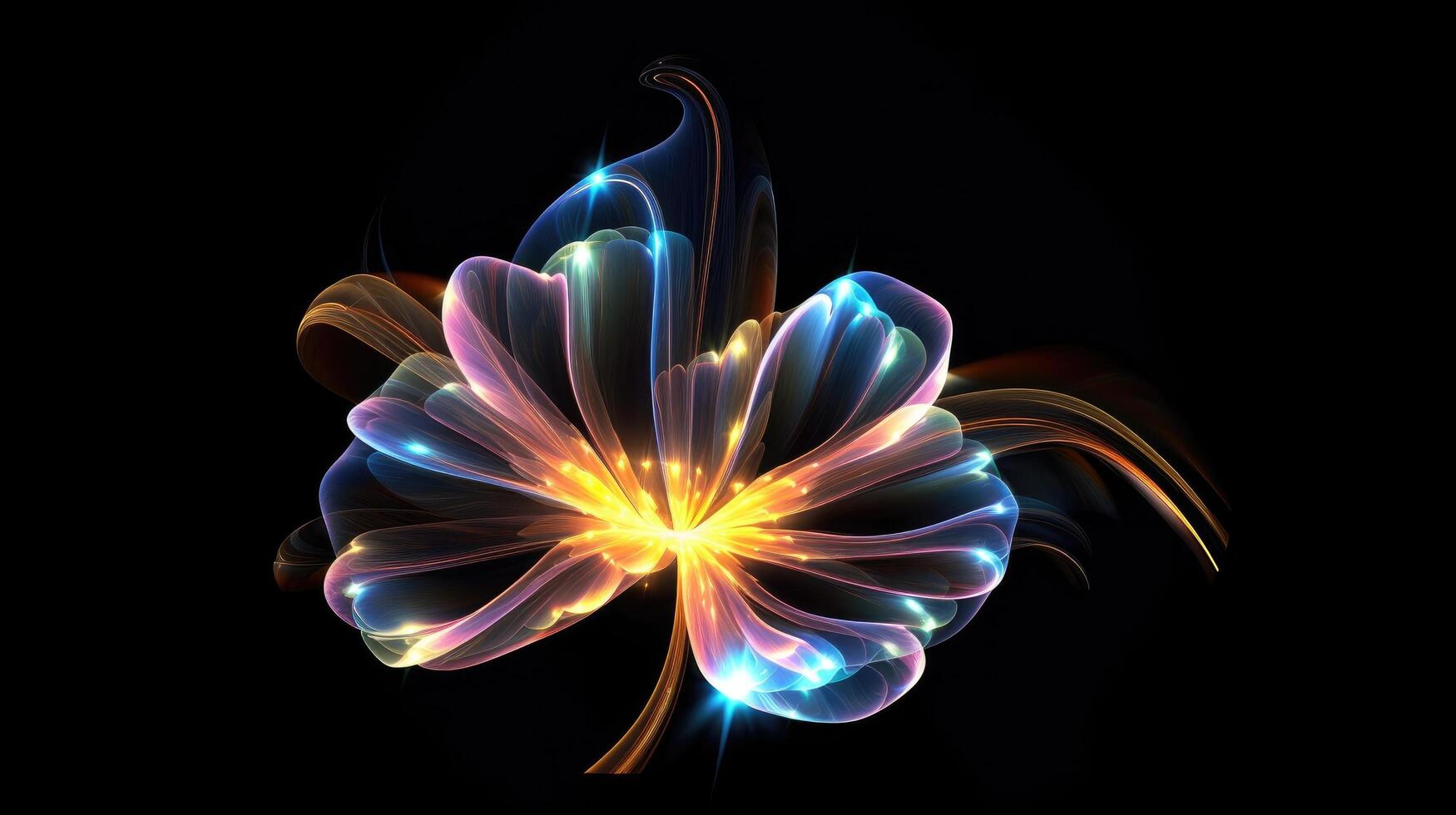 Multicolor neon light drawing, abstract shape flowers isolated on black background. Glowing line art. The Illumination of vibrant radiance of neon flower, Generative AI illustration photo