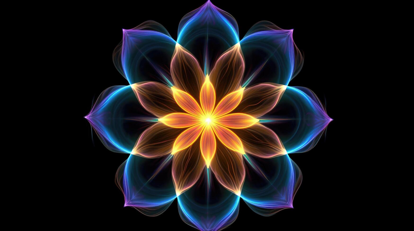 Multicolor neon light drawing, abstract shape flowers isolated on black background. Glowing line art. The Illumination of vibrant radiance of neon flower, illustration photo