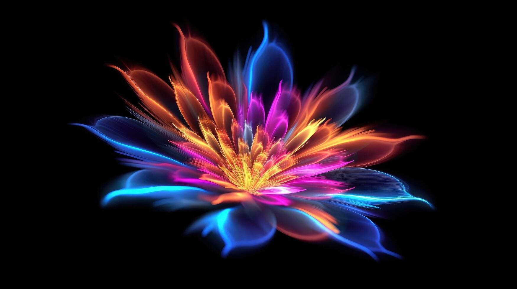 Multicolor neon light drawing, abstract shape flowers isolated on black background. Glowing line art. The Illumination of vibrant radiance of neon flower, Generative AI illustration photo