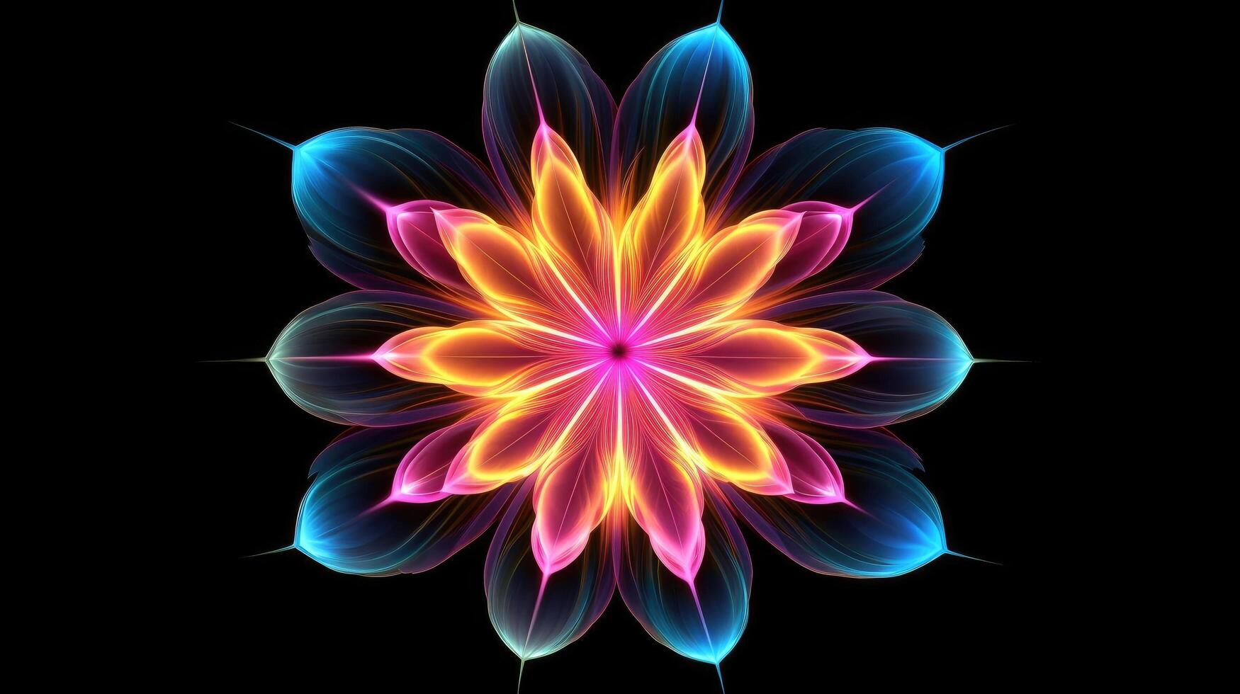 Multicolor neon light drawing, abstract shape flowers isolated on black background. Glowing line art. The Illumination of vibrant radiance of neon flower, illustration photo