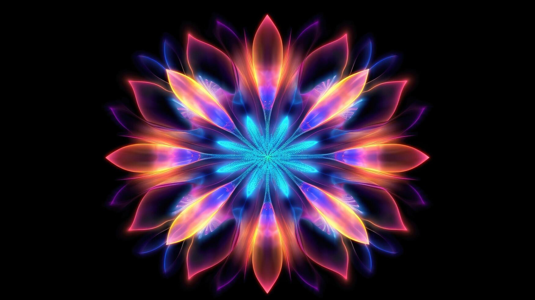 Multicolor neon light drawing, abstract shape flowers isolated on black background. Glowing line art. The Illumination of vibrant radiance of neon flower, illustration photo