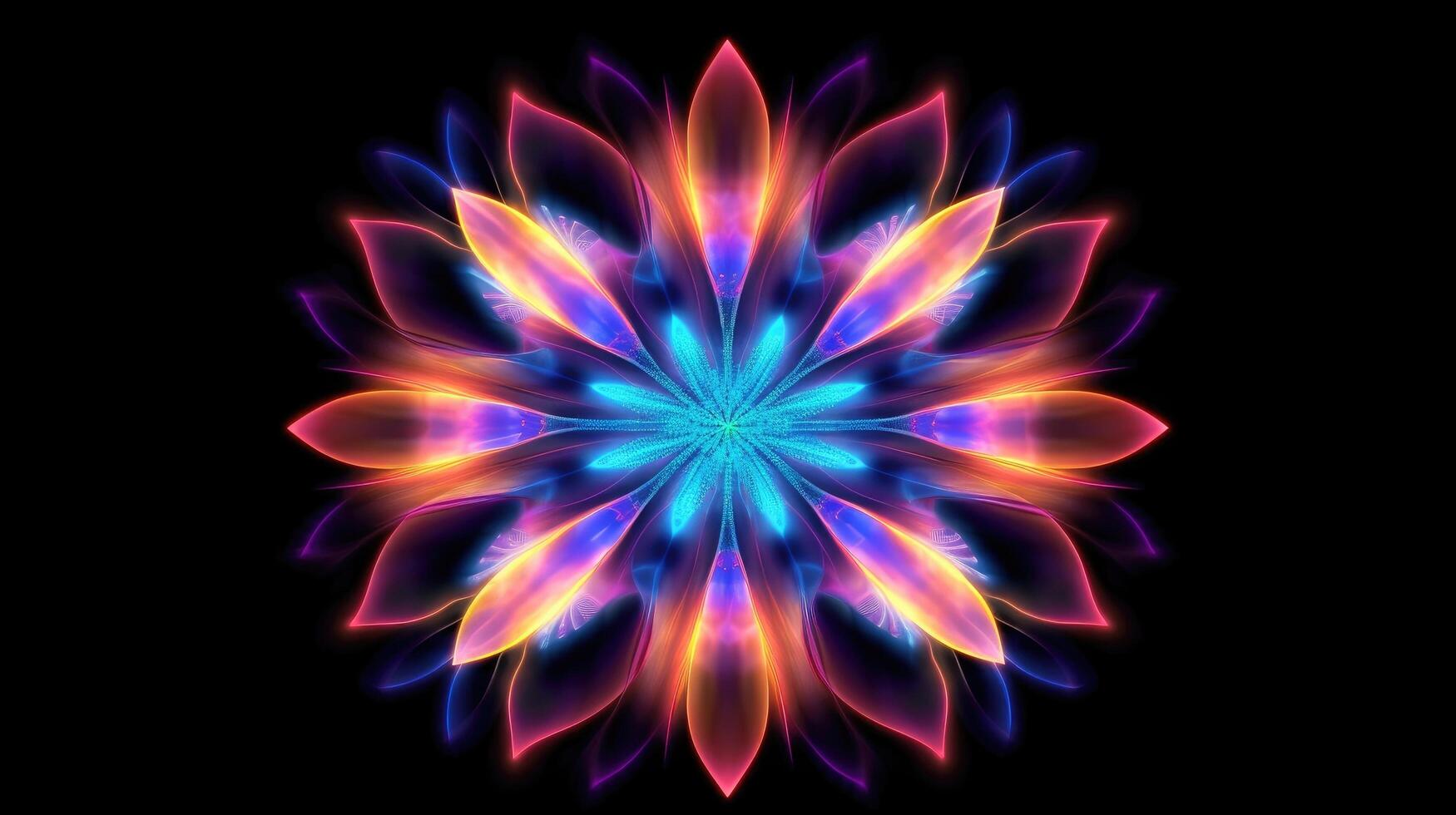 Multicolor neon light drawing, abstract shape flowers isolated on black background. Glowing line art. The Illumination of vibrant radiance of neon flower, Generative AI illustration photo