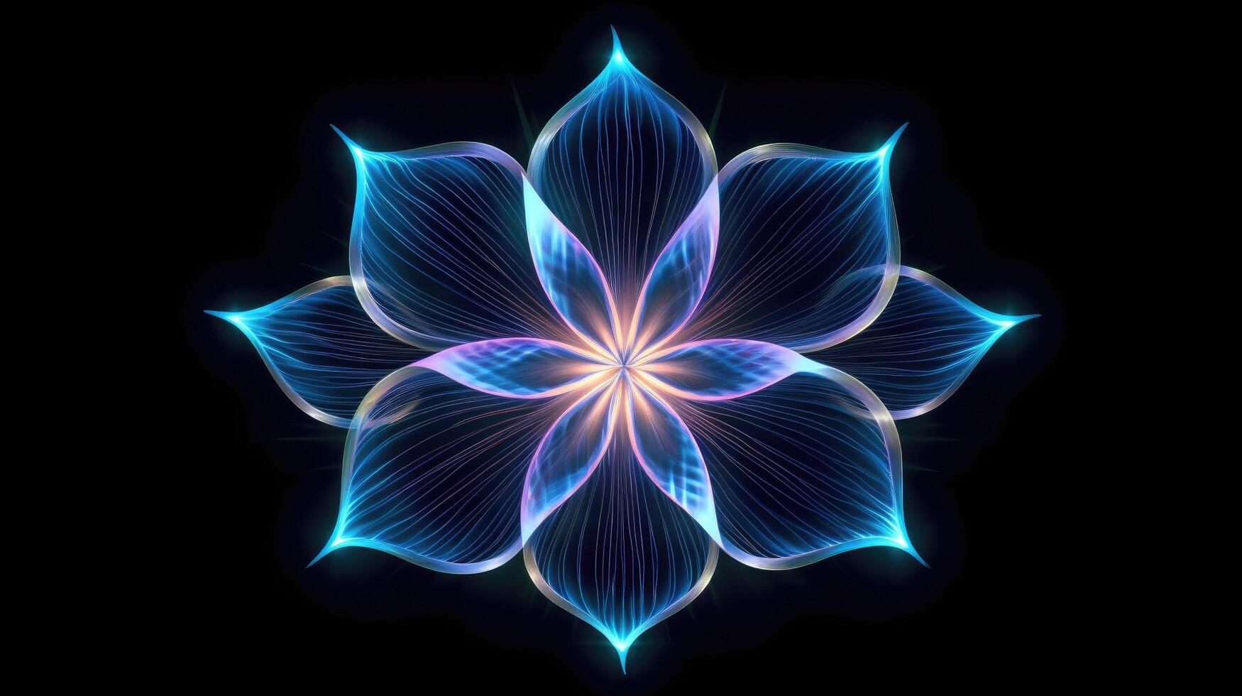 Multicolor neon light drawing, abstract shape flowers isolated on black background. Glowing line art. The Illumination of vibrant radiance of neon flower, illustration photo