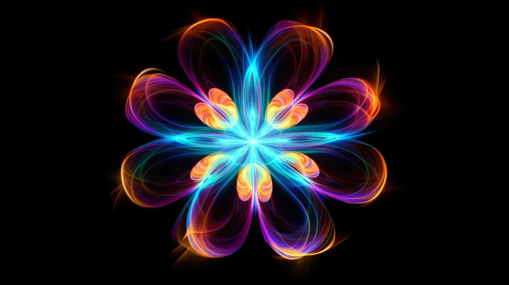 Multicolor neon light drawing, abstract shape flowers isolated on black background. Glowing line art. The Illumination of vibrant radiance of neon flower, illustration photo
