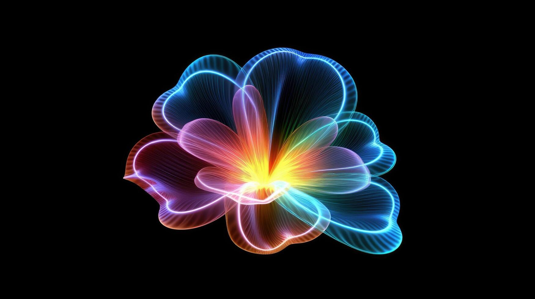 Multicolor neon light drawing, abstract shape flowers isolated on black background. Glowing line art. The Illumination of vibrant radiance of neon flower, illustration photo