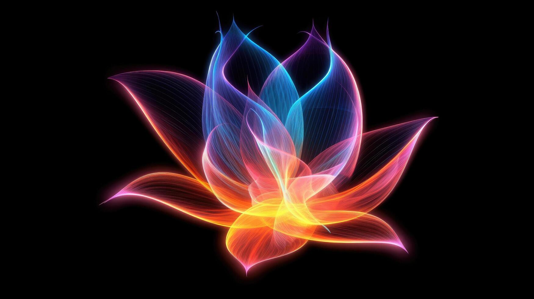 Multicolor neon light drawing, abstract shape flowers isolated on black background. Glowing line art. The Illumination of vibrant radiance of neon flower, illustration photo